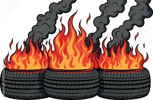 Three black rubber car tires burning with large orange flames and thick dark smoke plumes vector illustration for protest or pollution concept.