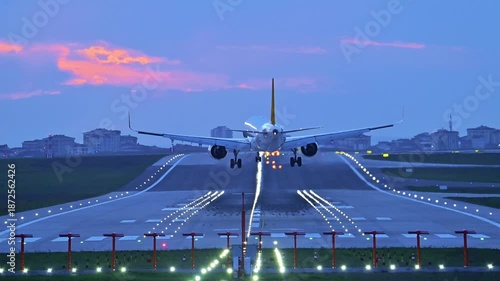 Commercial Twin-Engine Passenger Aircraft Landing in Strong Crosswinds at Sunset