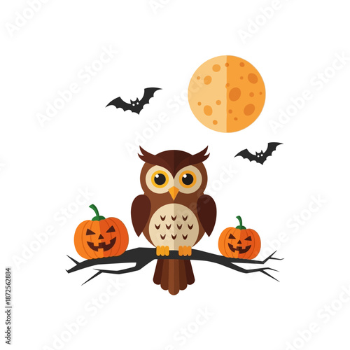 Cute Halloween Owl with Pumpkins and Bats on Moonlit Night