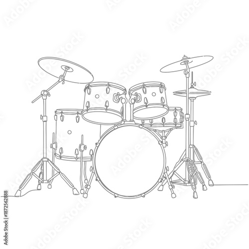 Minimalist Drum Set Outline Illustration, Black and White Line Art