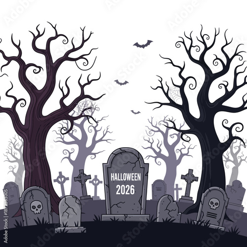 Spooky Halloween Cemetery with Gravestones, Bare Trees, and Bats - 2026