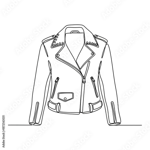 Minimalist black and white line art of a studded leather biker jacket