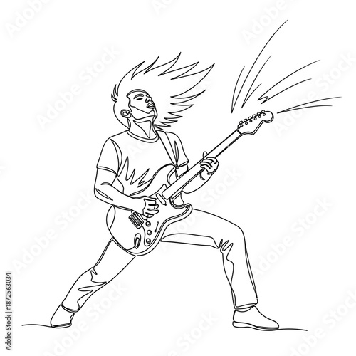 Energetic Guitarist Playing Electric Guitar, Rock Music Performance, One Line Drawing