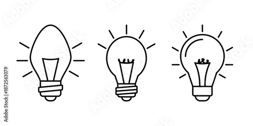 A collection of light bulb icons with a line design. Idea symbol icons isolated on a white background.