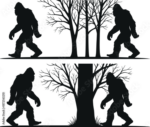 Bigfoot silhouettes in forest, mythical sasquatch walking among trees, cryptid legend scene, wilderness mystery, black vector illustration set