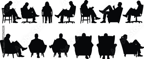 Black silhouette people reading books, seated figures on chairs, armchairs, creative thinking, education concept, minimal vector illustration