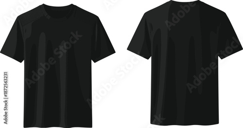 Black t shirt mockup illustration, front and back view apparel design, blank casual clothing template, modern fashion, realistic flat vector style