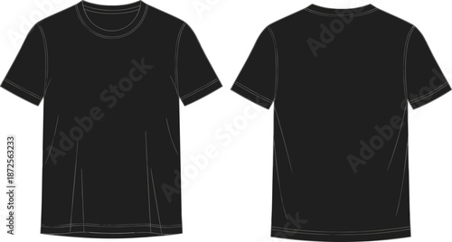 Black t shirt front and back view illustration, basic casual apparel mockup, blank clothing design, fashion vector isolated on white background