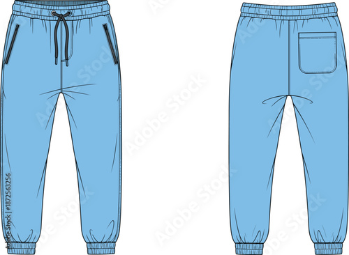 Blue jogger pants front and back view illustration, casual sportswear trousers design, elastic waist sweatpants vector