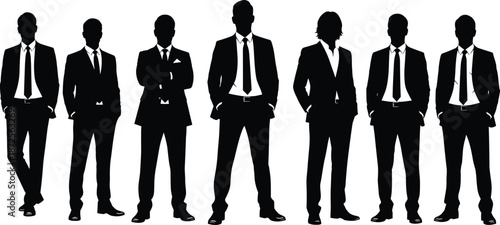 Business people silhouettes in suits, corporate team standing poses, professional men vector illustration, leadership concept isolated on white