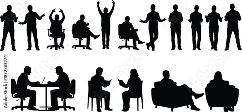 Business people silhouettes set, office workers sitting standing gestures, meeting discussion poses, black human figures collection isolated on white background