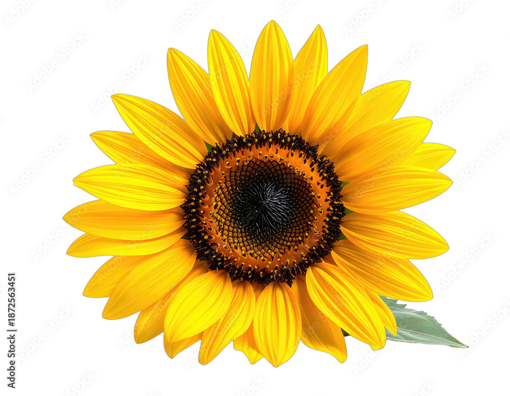 Fototapeta premium Vivid close-up view of a sunflower, petals fanning out, dark center, isolated on black