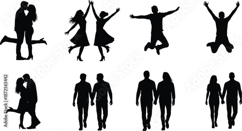 Couple silhouette set showing love, happiness, dancing, jumping poses, romantic people collection, black vector illustration isolated on white background