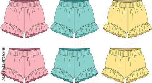 Cute ruffle shorts illustration set, pastel summer women fashion clothing, casual elastic waist shorts design collection