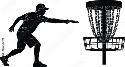 Disc golf player silhouette throwing disc toward basket, outdoor sport action illustration, black vector design, isolated on white