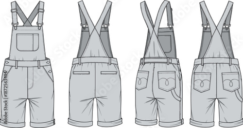 Denim overall shorts mockup, front back side views, fashion technical drawing, adjustable straps, casual workwear apparel illustration