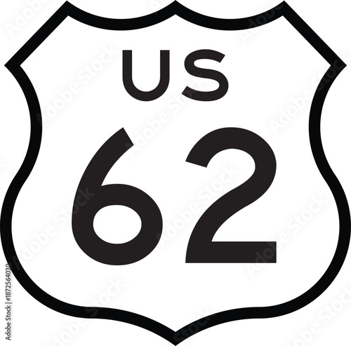 US Route 62 Highway Shield Cutout Sign Road Numbered System Design Vector