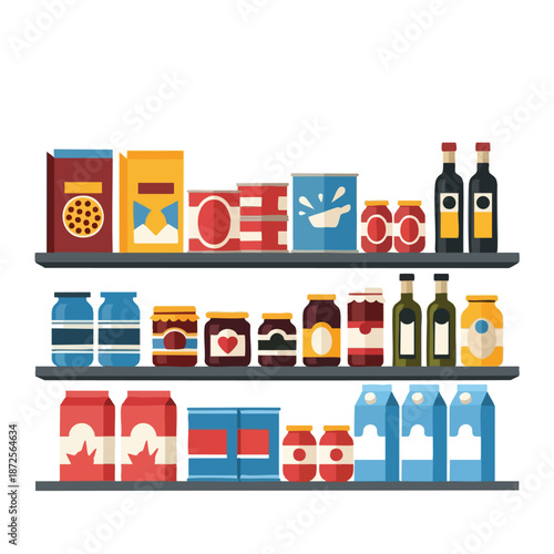 Grocery Store Shelves with Packaged Goods and Beverages