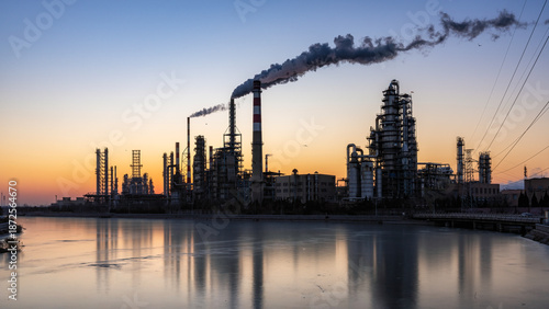 Industrial Refinery at Sunset with Smoke Stacks