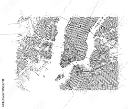 New York City Topographic Map of Road and Rail Network, Manhattan Area