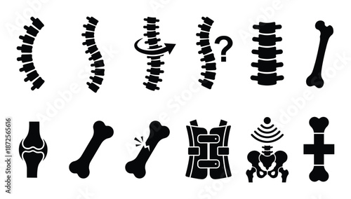 Backbone skeleton black glyph icon set features osteopathy pain scoliosis and spine health diagram structure