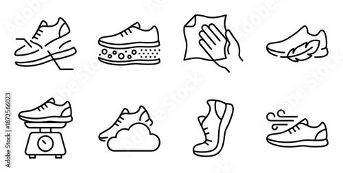 Footwear care tips set vector line icon cleaning shoe lightweight comfort breathable sole dry