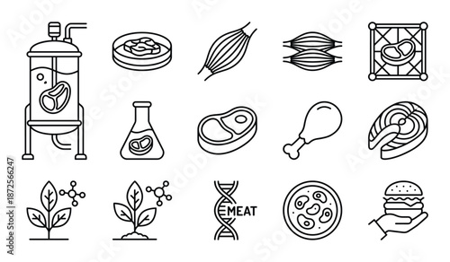 Lab grown meat and synthetic biology icons illustrating sustainable food production and biotechnology