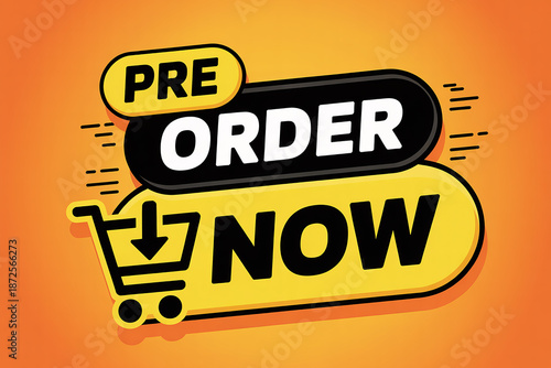 Pre Order Now text with shopping cart icon on orange background Keywords: pre order, now, shopping cart, commerce