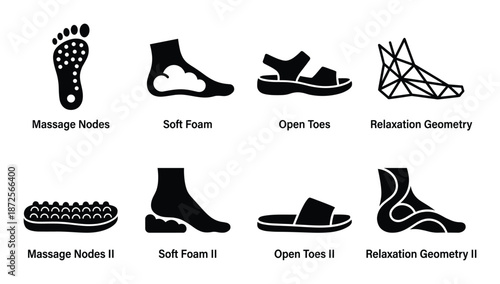 Relaxation icon symbol vector concept of massage node, soft foam, open toes and relaxation geometry features