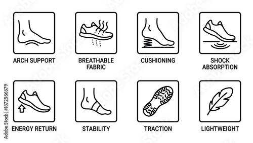 Set of black and white outline icons for running shoe features that optimize comfort and energy use