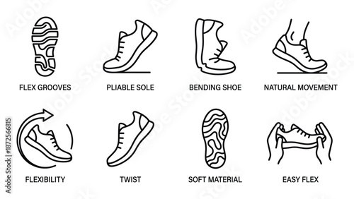 Set of line icons for flexible shoe technology including flex grooves twist and natural movement