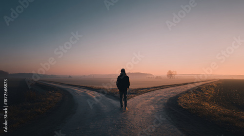 Minimalist conceptual photography of a silhouette standing at a forked road during a misty sunrise, representing decision-making, new beginnings, and the journey of life