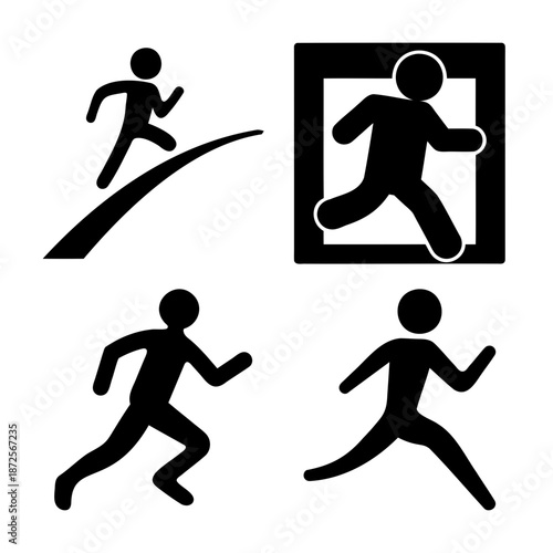 Varied silhouette icons depicting people running, walking, and exiting for general motion