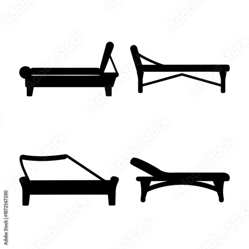 Collection of four silhouetted lounge chairs and sunbeds for outdoor relaxation