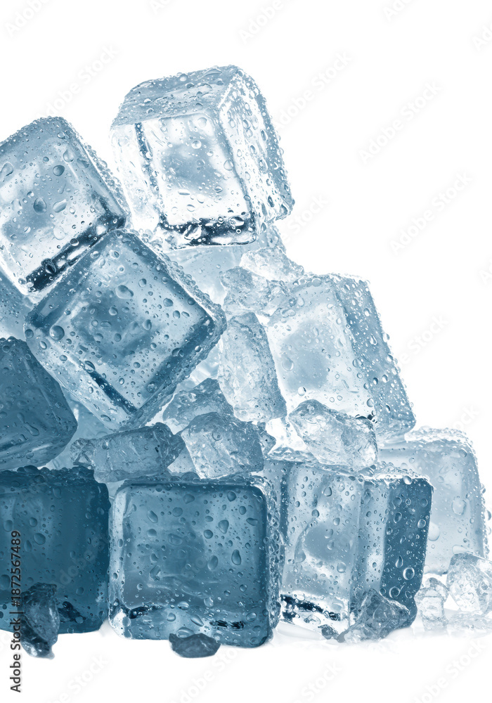 Obraz premium Pile of crystalline and crushed ice with blue hues, condensation, and water droplets on a transparent background with copy space, concept of extreme coldness.