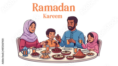Happy Muslim Family Enjoying Iftar Dinner Together During Ramadan Kareem Celebration