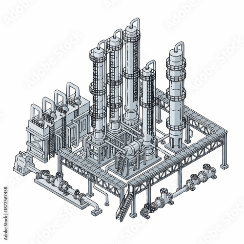Detailed isometric line drawing of a complex industrial chemical plant.
