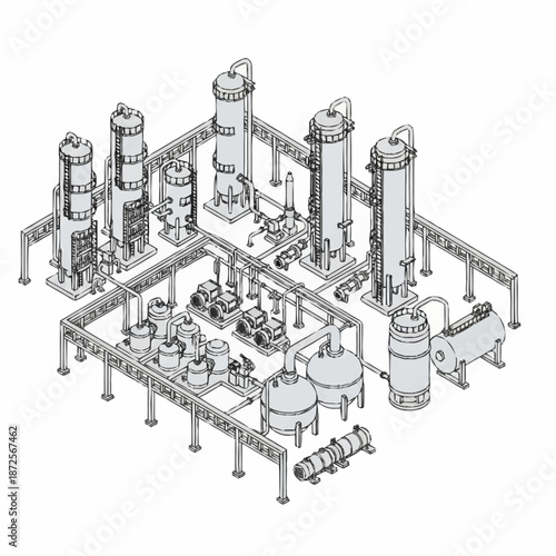 Detailed Isometric Line Drawing of a Complex Industrial Chemical Plant.