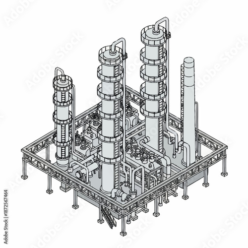 Detailed isometric line drawing of an industrial chemical plant.