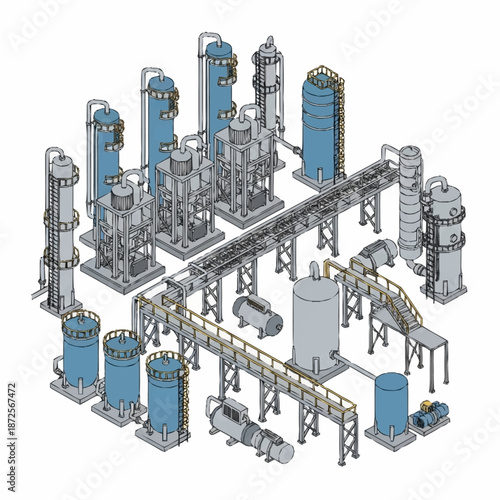 Industrial chemical plant with various processing units and pipelines.
