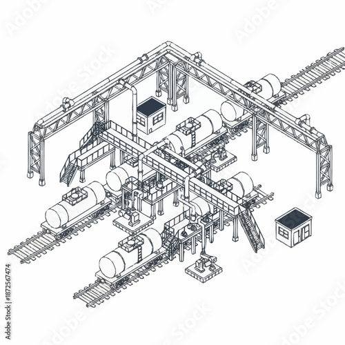 Industrial facility with multiple train tracks and storage tanks.