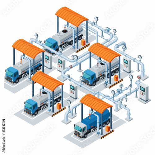 Isometric Fuel Station Network with Multiple Tanker Trucks.