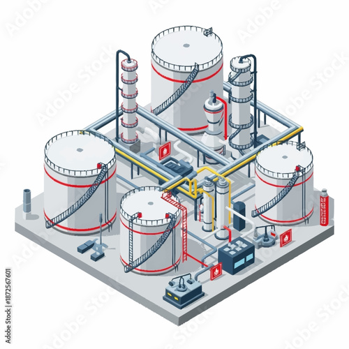 Isometric Industrial Oil Refinery Plant with Storage Tanks and Processing Units.