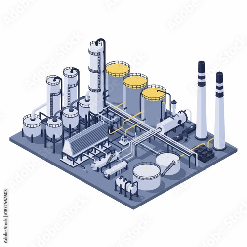 Isometric Industrial Oil Refinery Plant with Storage Tanks and Chimneys.