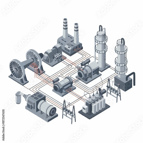 Isometric Industrial Power Plant and Manufacturing Facility Diagram.