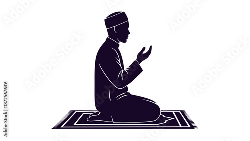 Silhouette of Muslim Man in Prayer Position on Prayer Rug for Islamic Worship and Spirituality
