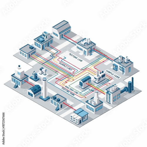 Isometric Smart Grid Network with Industrial Buildings and Energy Flow.