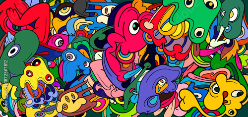 Colorful abstract cartoon faces in vibrant psychedelic style