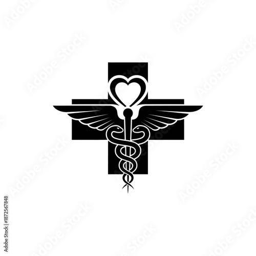 Medical symbol with heart and staff.