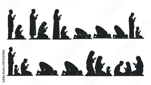 Muslim Family Performing Salah Full Sequence of Islamic Prayer Poses Silhouette Icon Set